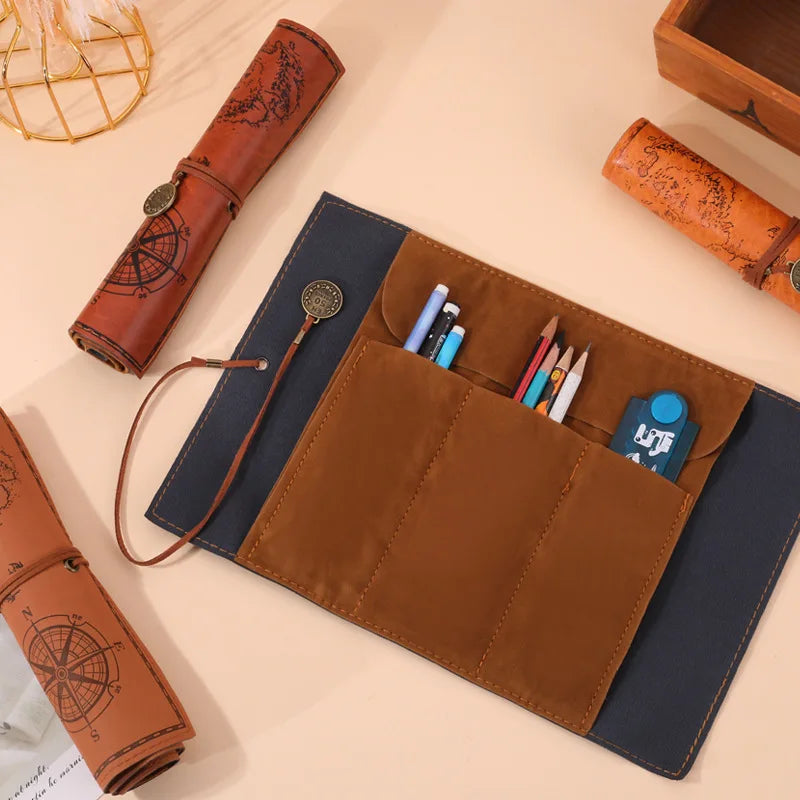 Creative Treasure Map Retro Leather Pencil Case Large Capacity Roll Up Pencil Bag Embossed Buckle Stationery Storage Pouch Oasis Select