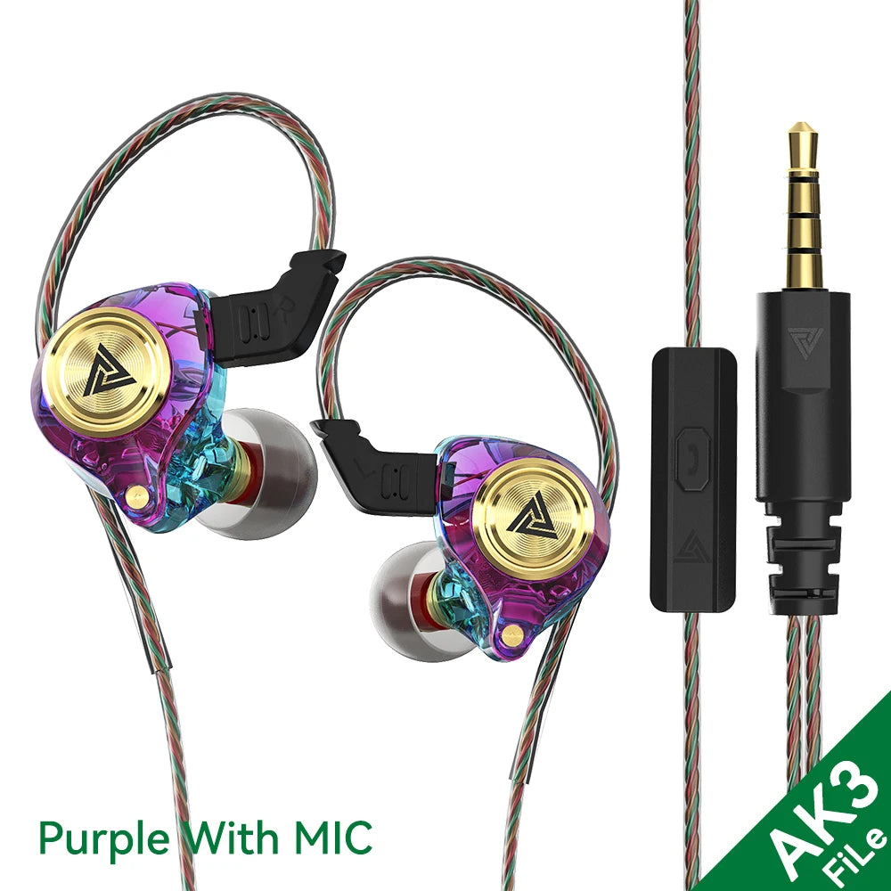 QKZ AK3 FiLe Wired Earphone with Microphone HiFi Music Monitor Bass Headphones Noise Cancelling Headset For Sport Gaming Earbuds Oasis Select AK3 FiLe Purple