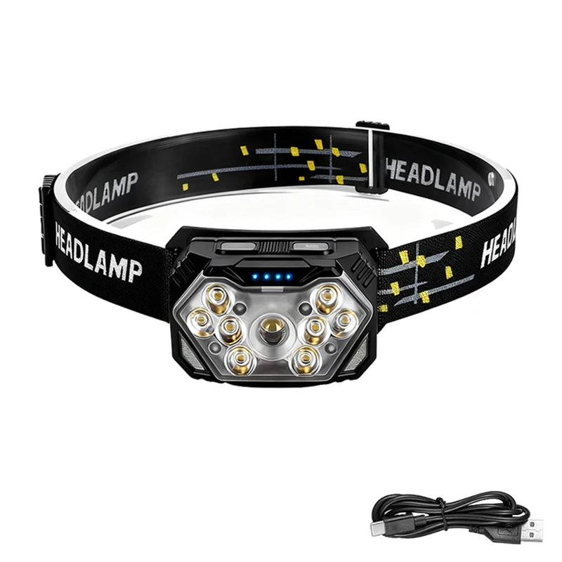 Rechageable Motion Sensor Headlight 9 Led Strong Light Headlamp Portable Fishing Camping Outdoor Head Lamp Work Flashlight Oasis Select 1PCS