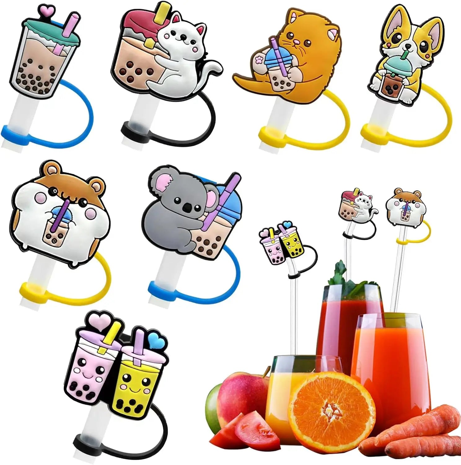 8mm/0.32in Straw Cover Cap Silicone Cute Animals Milk Tea Straw Protector Cover Straw Tip Topper for Stanley 30&40oz Tumbler Oasis Select