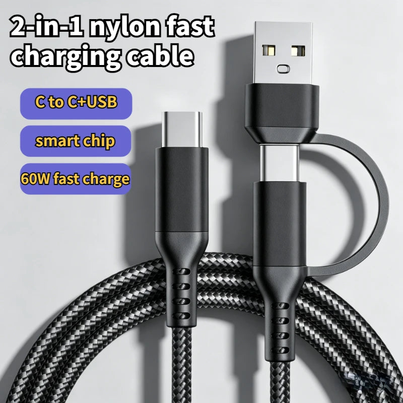 60W USB-C to C 2-in-1 Fast Charging Cable – Phones & Tablets USB-C Charging Cable Oasis Select