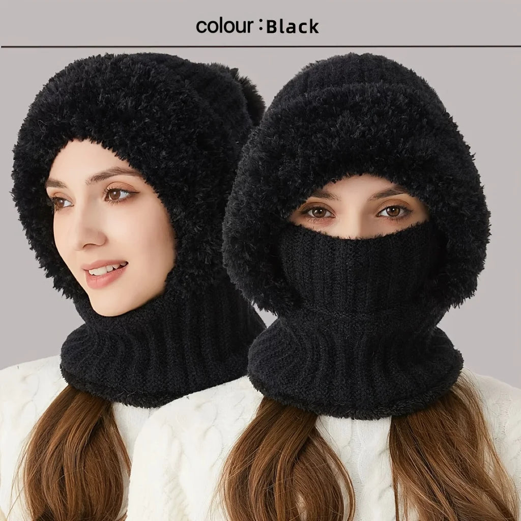 Thickened Knitted Hat Scarf Mask One-Piece, Winter Warm Hat for Women, Full Face Protection Windproof Balaclava Cap Oasis Select