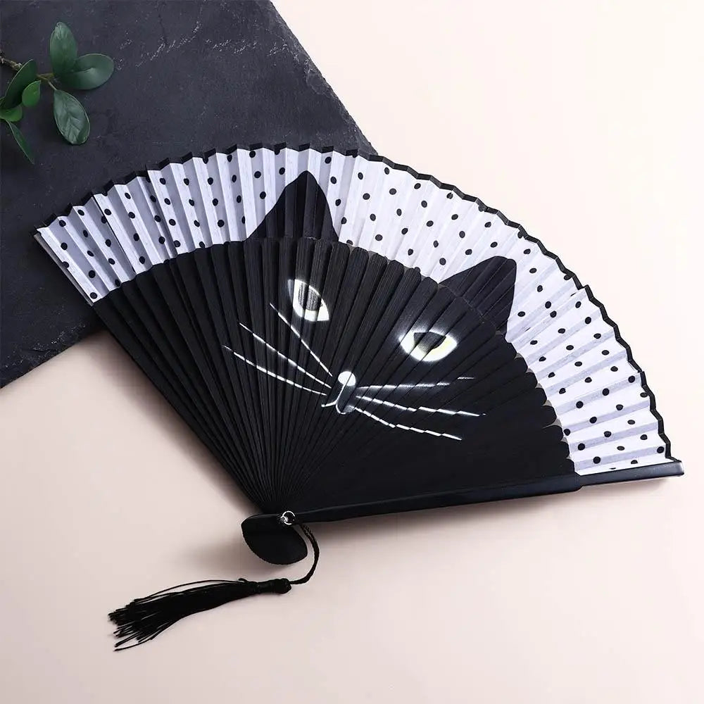 1 pcs Exiquisite Cartoon Summer Gift Bamboo Wooden Cat Patterns Folding Fan Home Decoration Fan Crafts Silk Fan Oasis Select