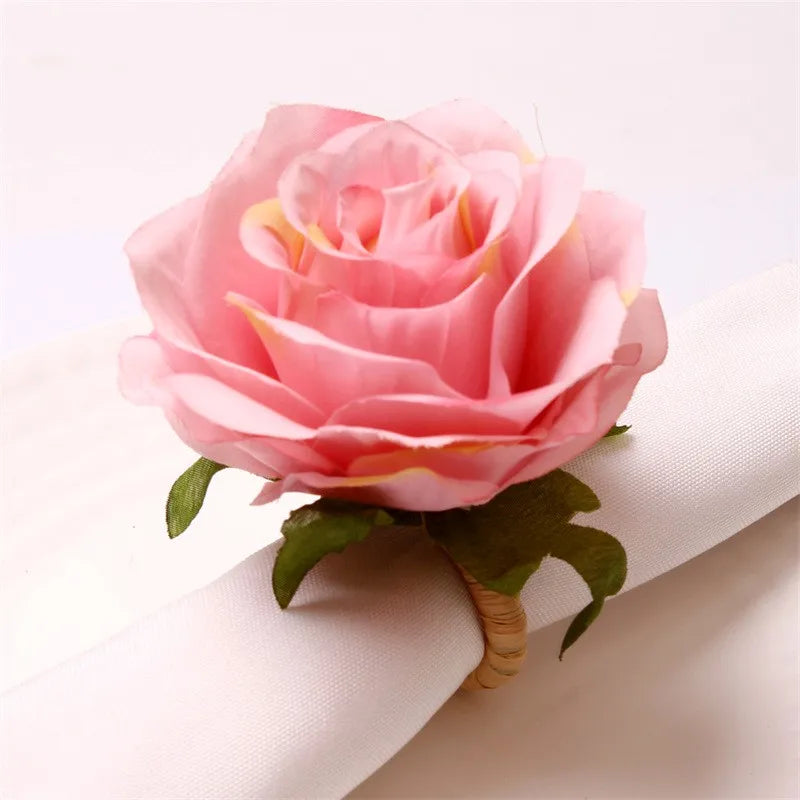 Valentine's Day Decoration Simulation Flower Napkin Ring Hotel Wedding Party Ornament Napkin Holder Napkin Circle Buckle Oasis Select Pink-10.5x6.5cm