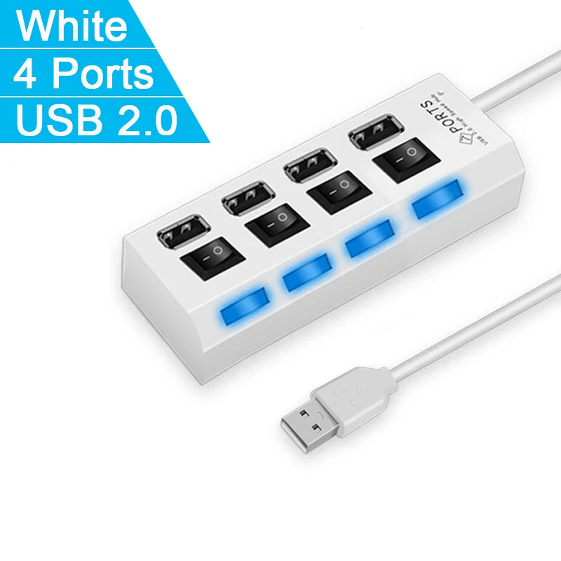 High Speed 4/7 Ports USB HUB 2.0 Adapter Expander Multi USB Splitter Multiple Extender with LED Lamp Switch for PC Laptop Oasis Select 4 Ports White