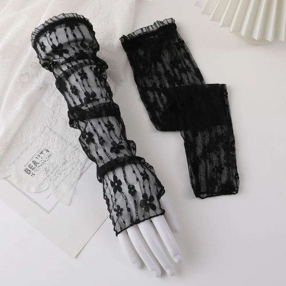 Summer Outdoor Breathable Sunscreen Sleeves Lace Mesh Ultra Thin Lace Arm Sleeves UV Protection Fingerless Long Gloves Girls Oasis Select Black