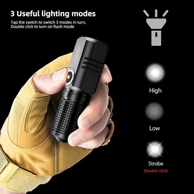 Super Bright Mini LED Flashlight USB Rechargeable Zoom Tactical Flashlight 3 Lighting Mode Outdoor Camping Fishing Torch Oasis Select