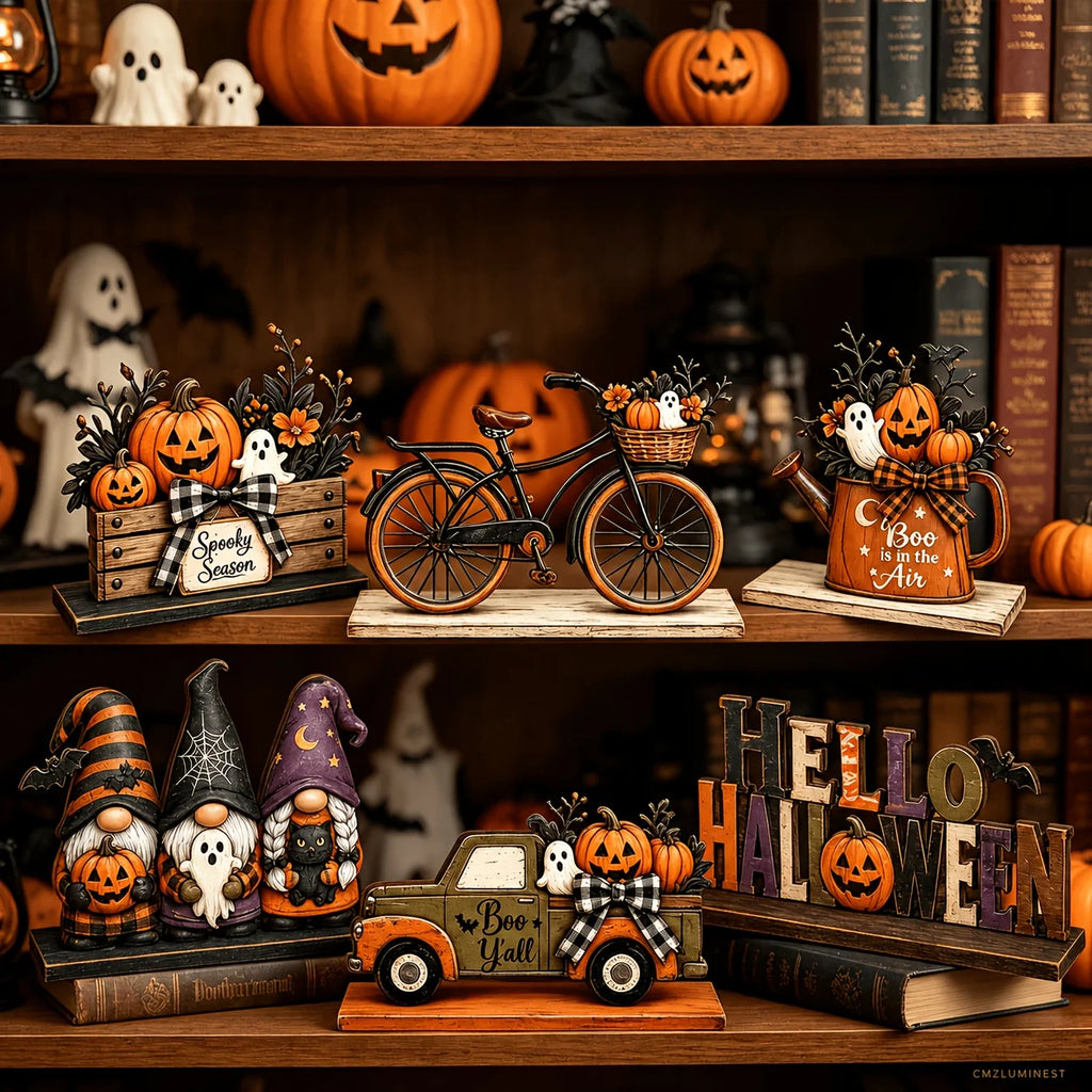 Halloween wooden dining table decoration, with patterns of fairies, trucks, ghosts, bicycles, etc. on the decorations. Oasis Select