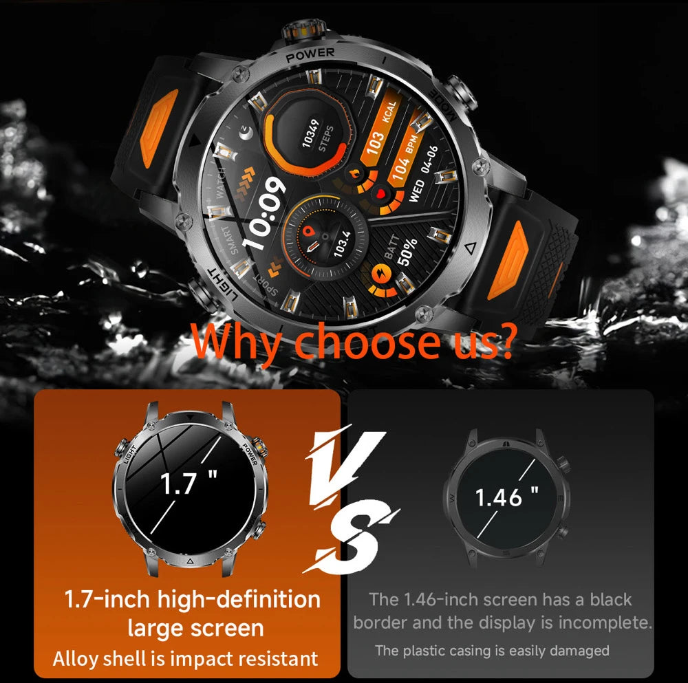 Military 1400mAh Battery Smart Watch Men Outdoor Flashlight Waterproof Heart Rate BT Call Sports Bracelet Health Smartwatch SOS Oasis Select