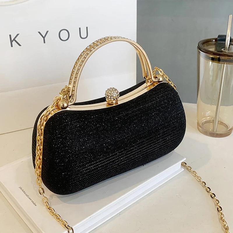 1PC Gold Fashion Chain Handbag Unique Shoulder Slung Small Banquet Bag For Dinner Storage Oasis Select Black