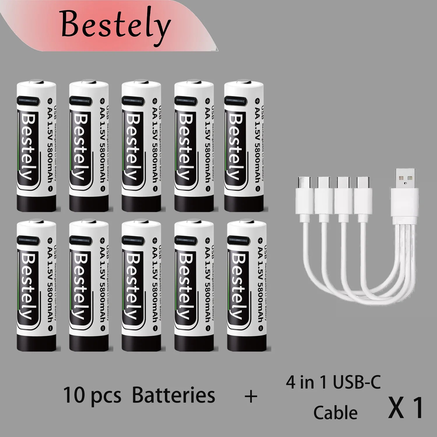 Bestely USB 1.5V AA 5800mAh Lithium ion Rechargeable Battery, AA Fast Charging Li-ion Akku , 2000 Cycle with USB- C Port Cables Oasis Select 10 pcs batteries