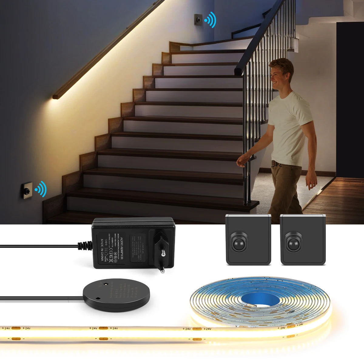 COB 24V LED Strip Wireless PIR Human Motion Sensor LED Night Light RF Reciever Smart Induction Lamp For TV Kitchen Cabinet Stair Oasis Select