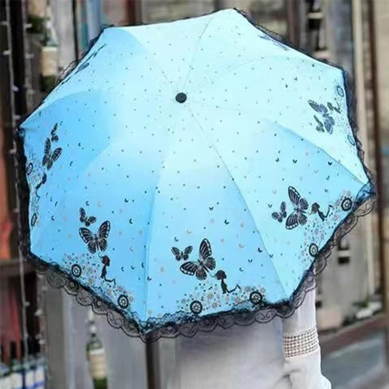 Butterfly Lace Printed Sunshade Umbrella For Both Rain Triple Fold Wind Resistant and Sun ResisTant Black Rubber Umbrella Oasis Select