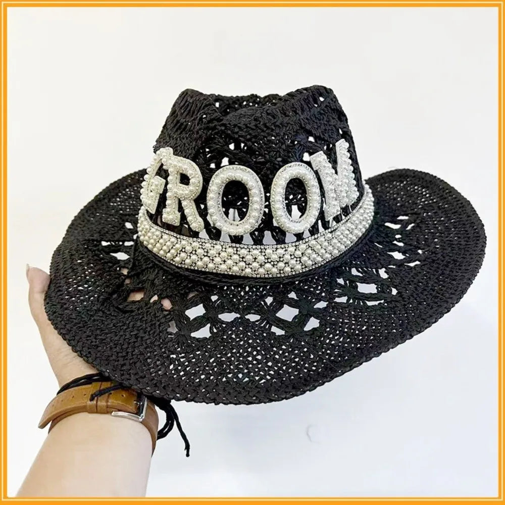 Rhinestone Letter Bride Groom Cowboy Hat Hollow Wide Brim Cowgirl Hat Crochet Western Cowboy Hat For Wedding Bachelorette Party Oasis Select GROOM