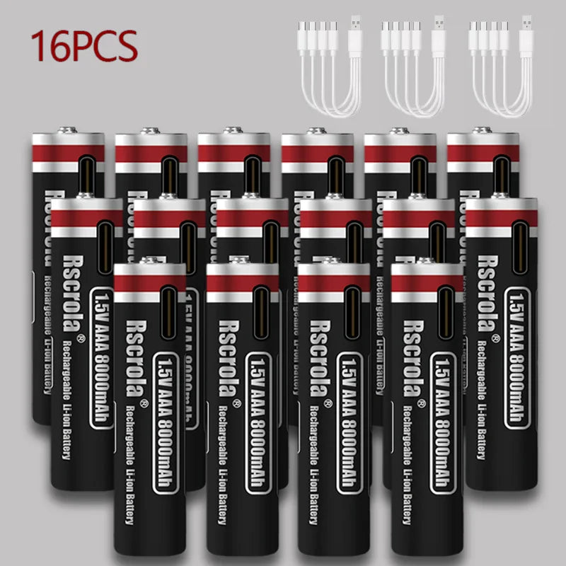 1.5V AAA 8000mAh Lithium Battery - USB Type-C Rechargeable for Portable Speakers, Gamepads, Clocks & Flashlights Oasis Select 16 pcs AA Batteries 1.5V