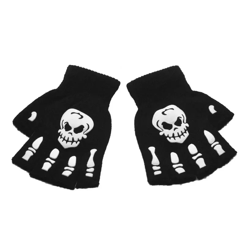 1/3/6Pairs Unisex Adult Halloween Skeleton Skull Half Finger Gloves Glow In The Dark Fingerless Stretch Knitted Winter Mittens Oasis Select