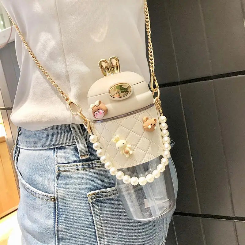 1 PCS Cute Bunny Ear Clear Large Capacity Water Bottle Pearl Strap Cartoon Decors For Girls Daily Use Oasis Select
