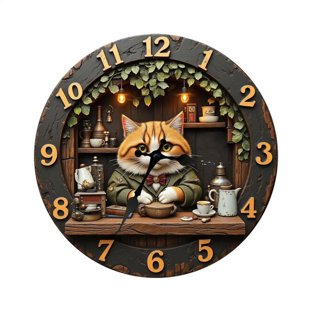 Cat Clock 11.81 Inch Cat Theme Wooden Decoration Bedroom Wall Clock for Home Living Room Bedroom Farmhouse Bar Office Library Oasis Select