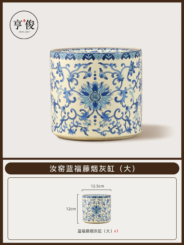 Blue and White Ru Kiln Wrapped Lotus Ashtray with Cover Fly Ash Proof Ashtray Ceramic Tea Residue Jar Tea Ceremony Accessories Oasis Select Large A