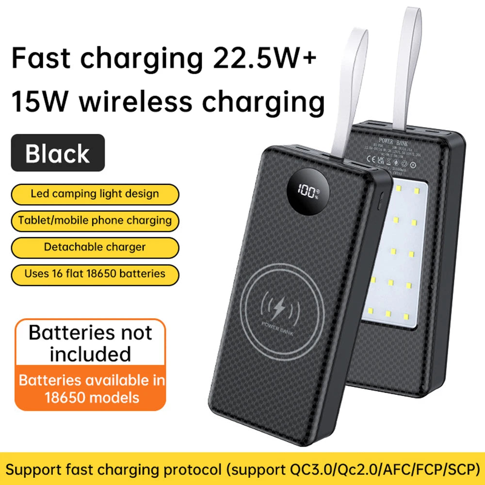 22.5W Fast Charging 15W Wireless Charging Power Bank Battery Holder + Camping Lamp 16*18650 20000mAh Power Bank Case DIY Shell Oasis Select Black No Battery