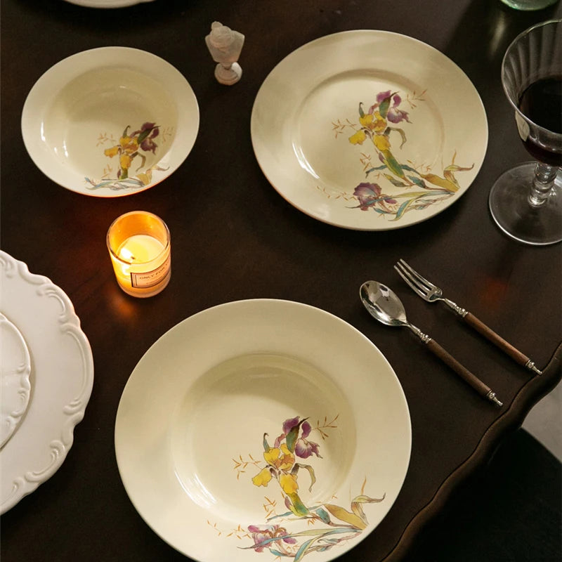 Ceramic Dinner Plate Set French Iris Dessert Bowl Dishes Soup Plate Breakfast Flat Plate Home Kitchen Gourmet Container Oasis Select