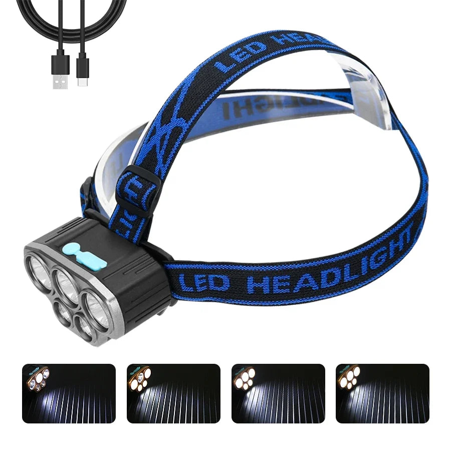 Rechargeable 5 LED Headlight Ultra Bright Powerful Waterproof Head Flashlight Head Torch for Outdoor Camping Running Lighting Oasis Select Blue