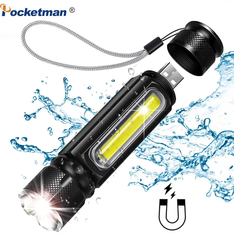 USB Rechargeable Flashlights with COB Side Light High Power LED Flashlight Outdoor Emergency Light Torch with Built-in Battery Oasis Select