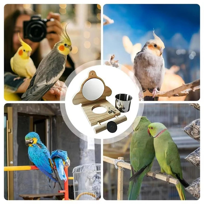 WISH Parrot Perch Wooden Parakeet Mirror Toy Bird Parrot Perch With Mirror And Feeding Cups Cage Play Toy For Lovebird Oasis Select