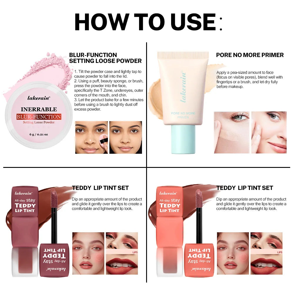 4pcs/set Pore No More Primer + Lip Tint + Loose Setting Powder Makeup Set Matte Long-Lasting Waterproof Effect Travel Portable Oasis Select