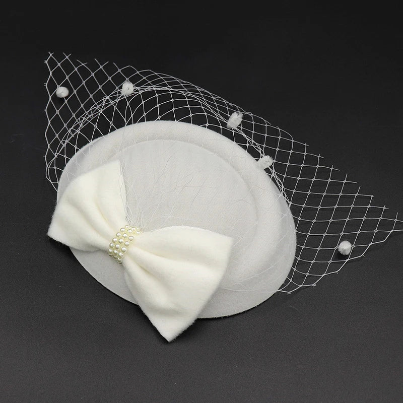 Black Mesh Pearl Bow Hair Clip – French Vintage Stewardess Hat Hair Clip Headdress Oasis Select White