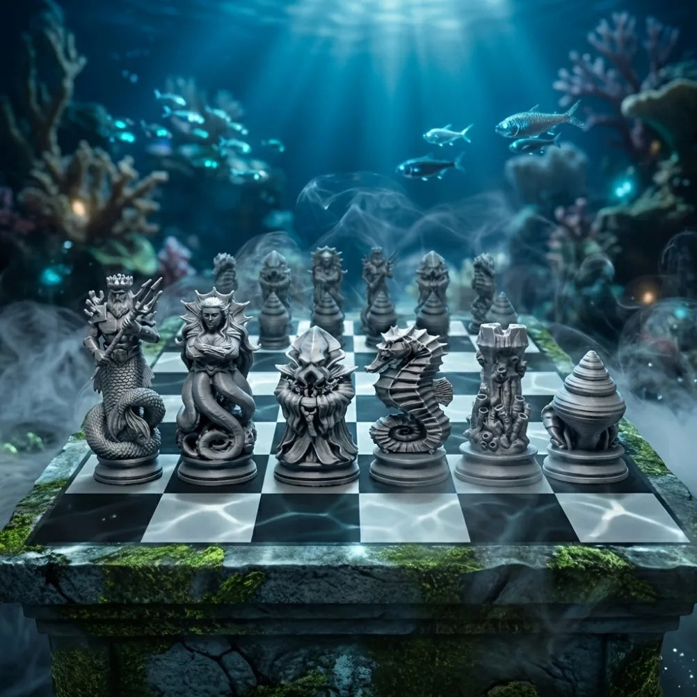 16PCS Ocean Myth Chess Figurines 3D Printed Deep Sea Theme Chess Set Coral Sculpture Tabletop Game Decor Desk Art Ornament Oasis Select