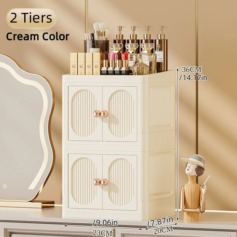 Foldable Desktop Makeup Organizer Multi-Layer Storage Cabinet Large Capacity for Cosmetics Toiletries Books Oasis Select 2 Layers Cream