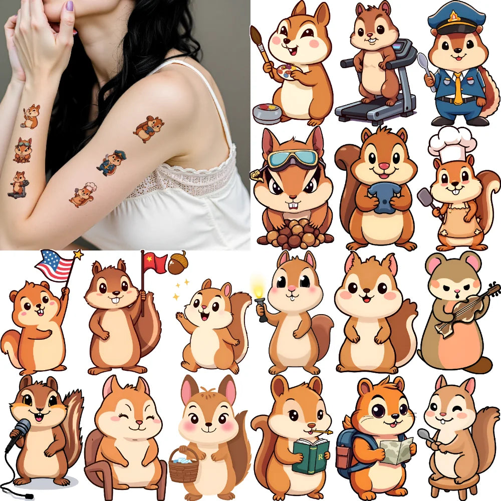 54pcs Squirrel Temporary Tattoo Stickers – Waterproof Cartoon