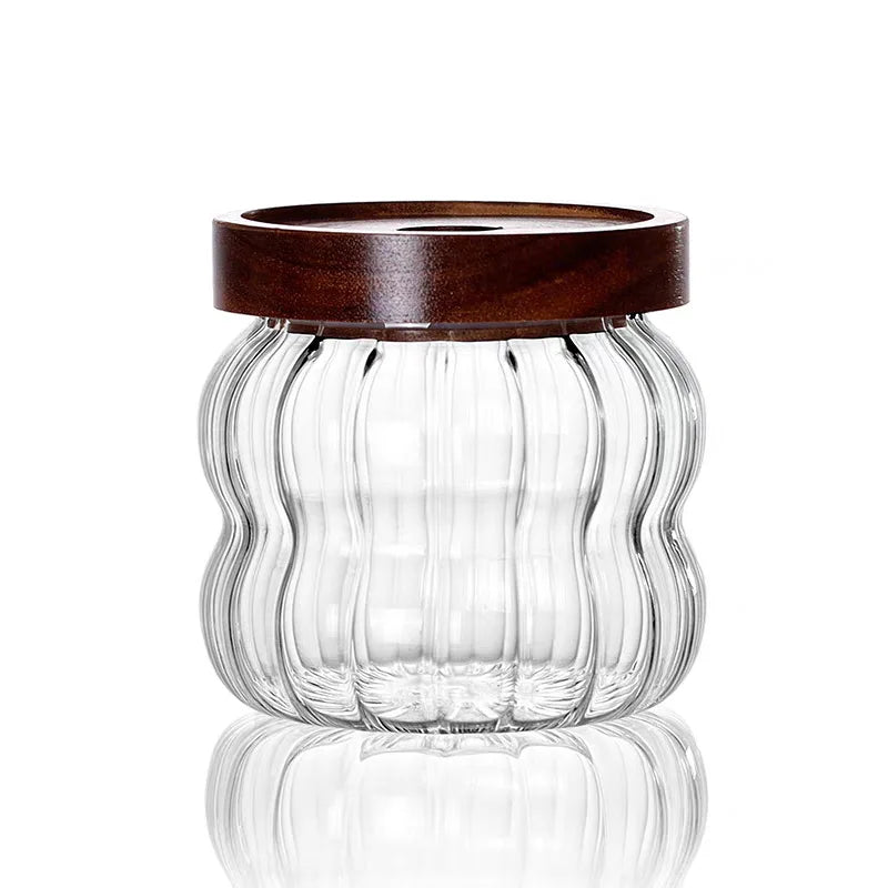 Wood Lid Striped Glass Airtight Canister Kitchen Storage Bottles Jars Food Container Coffee Beans Grains Candy Jar Containers Oasis Select 350ML