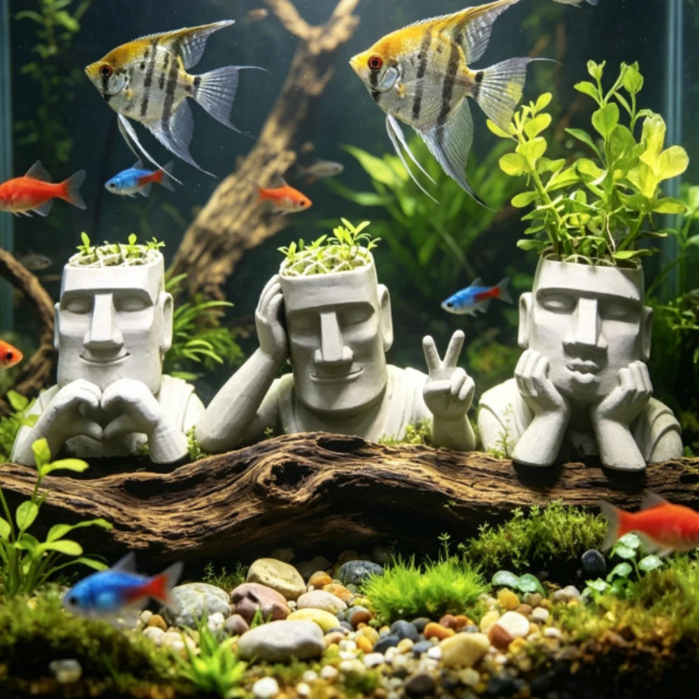 3pcs Mini Statue Aquarium Planter 3D Printed Aquatic Plant Holder Eco Aquarium Landscape Fish Tank Decor Fish Tank Ornament Gift Oasis Select
