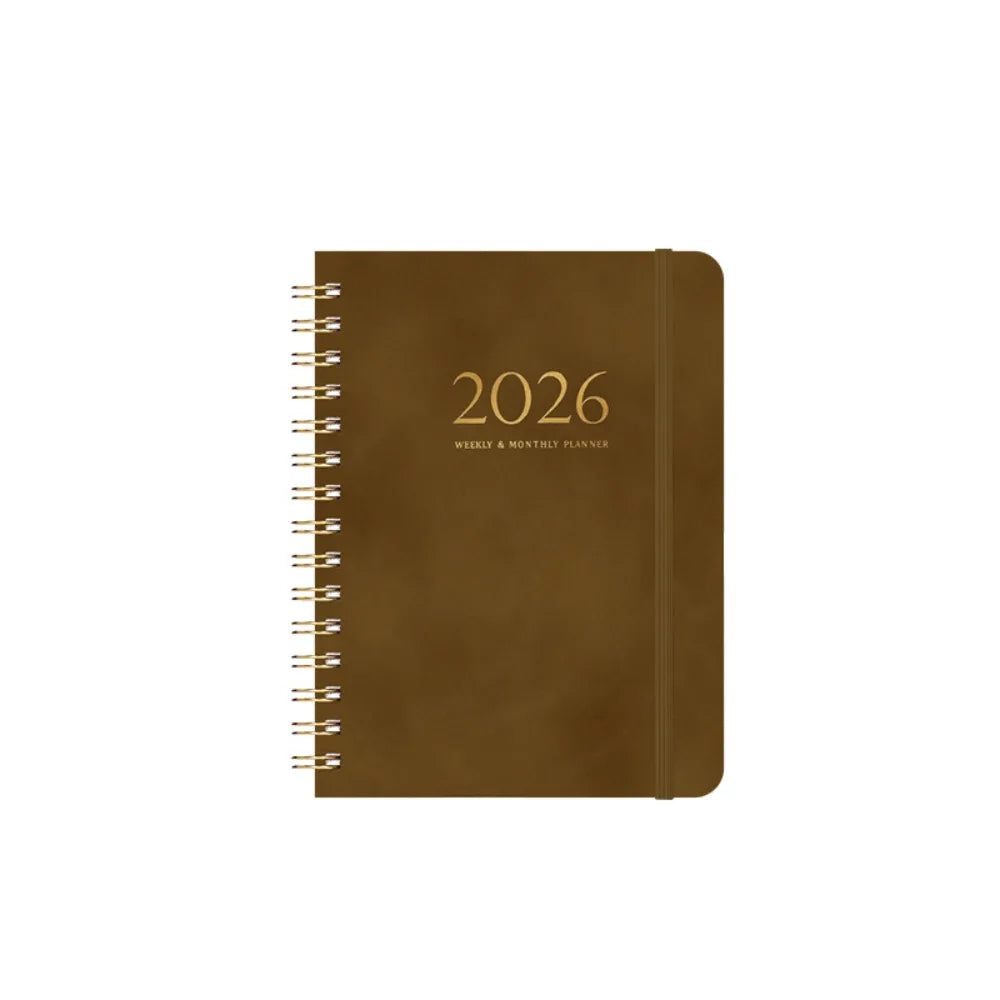 A5 2026 Weekly Monthly Planner PU Leather Cover Self-fill Coil Schedules Notebooks with Strap Calendar Daily Planner Notepad Oasis Select Brown
