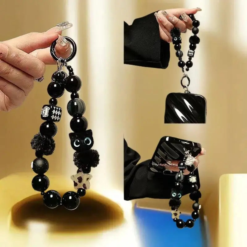 Black Plush Cat Beaded Wrist Strap Y2K Phone Lanyard & Key Charm Phone Wrist Lanyard Oasis Select