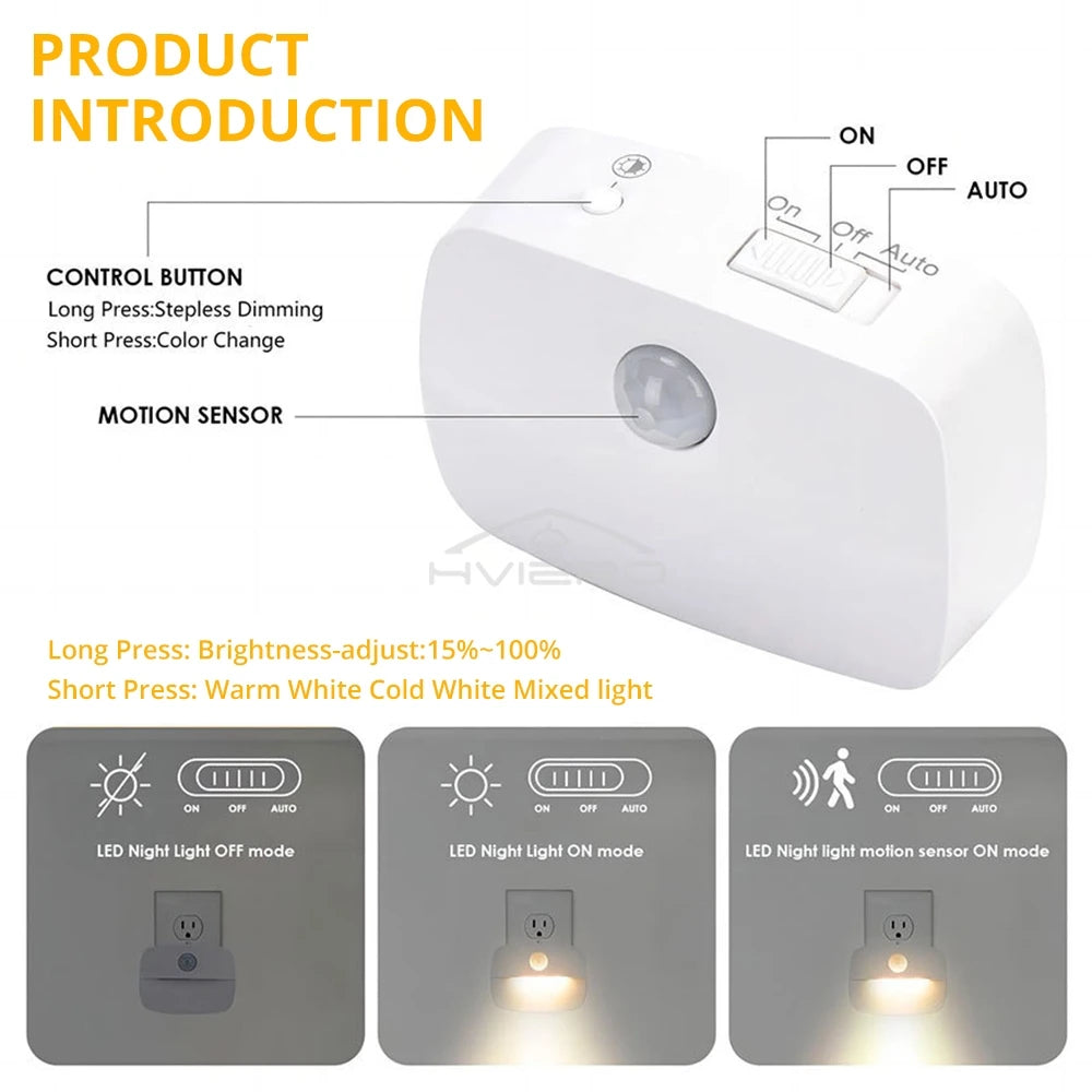 PIR Motion Sensor LED Night Light – 3 Colors, EU & US Plug