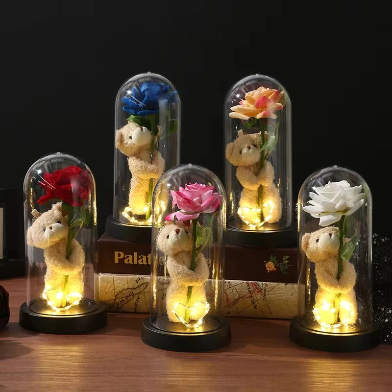Eternal Rose in Glass Dome Artificial Flower with Bear Desk Accessories Christmas Valentine's Day Gifts Party Favors Oasis Select