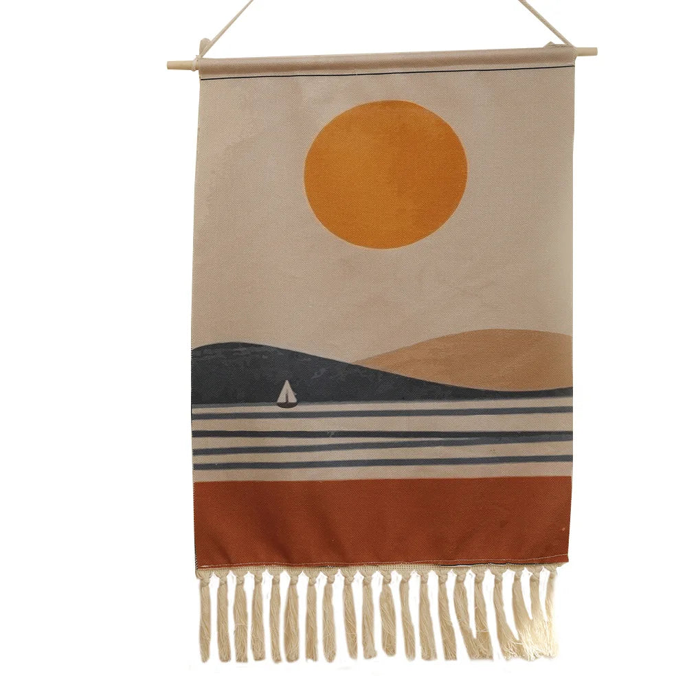 Hand-woven Sunrise and Sunset Print Tassel Tapestry Simple Studio Bedroom Living Room Background Hanging Cloth Oasis Select