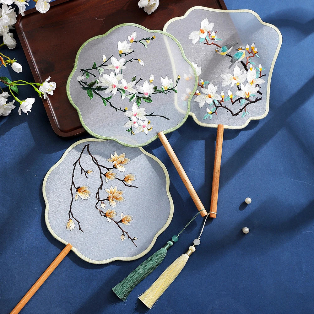 China Fan Wholesale Semi-Transparent Long Handle Tassel Dance Fan Female Costume Hanfu Cheongsam Embroidery Small Round Fan Oasis Select