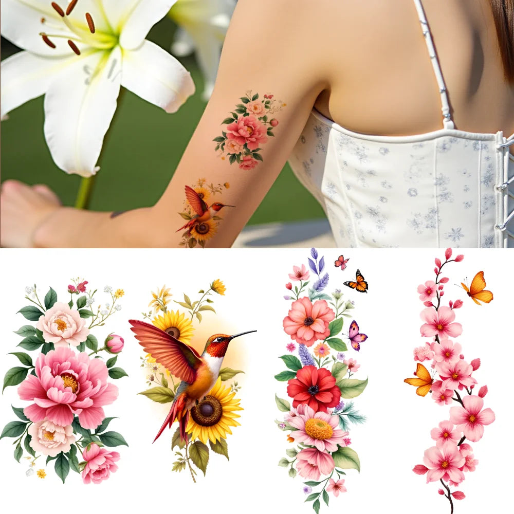 9-Piece Temporary Tattoo Stickers – Butterfly, Floral & Key