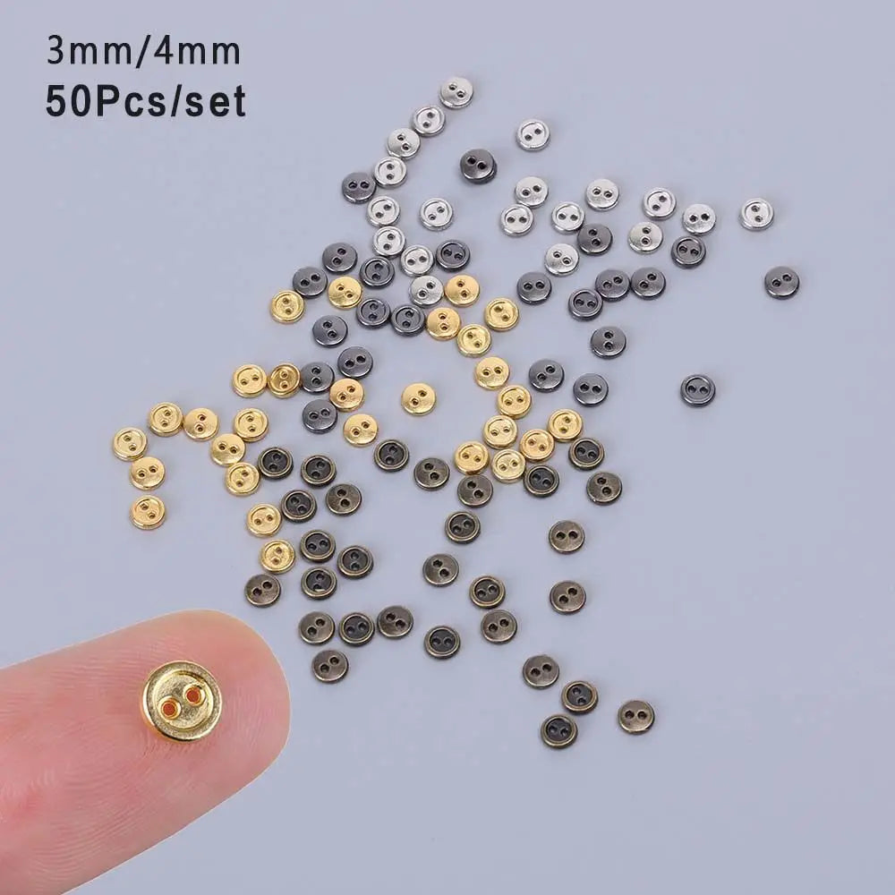 50pcs Mini Metal Sewing Buttons – Round 2-Hole, 3mm & 4mm
