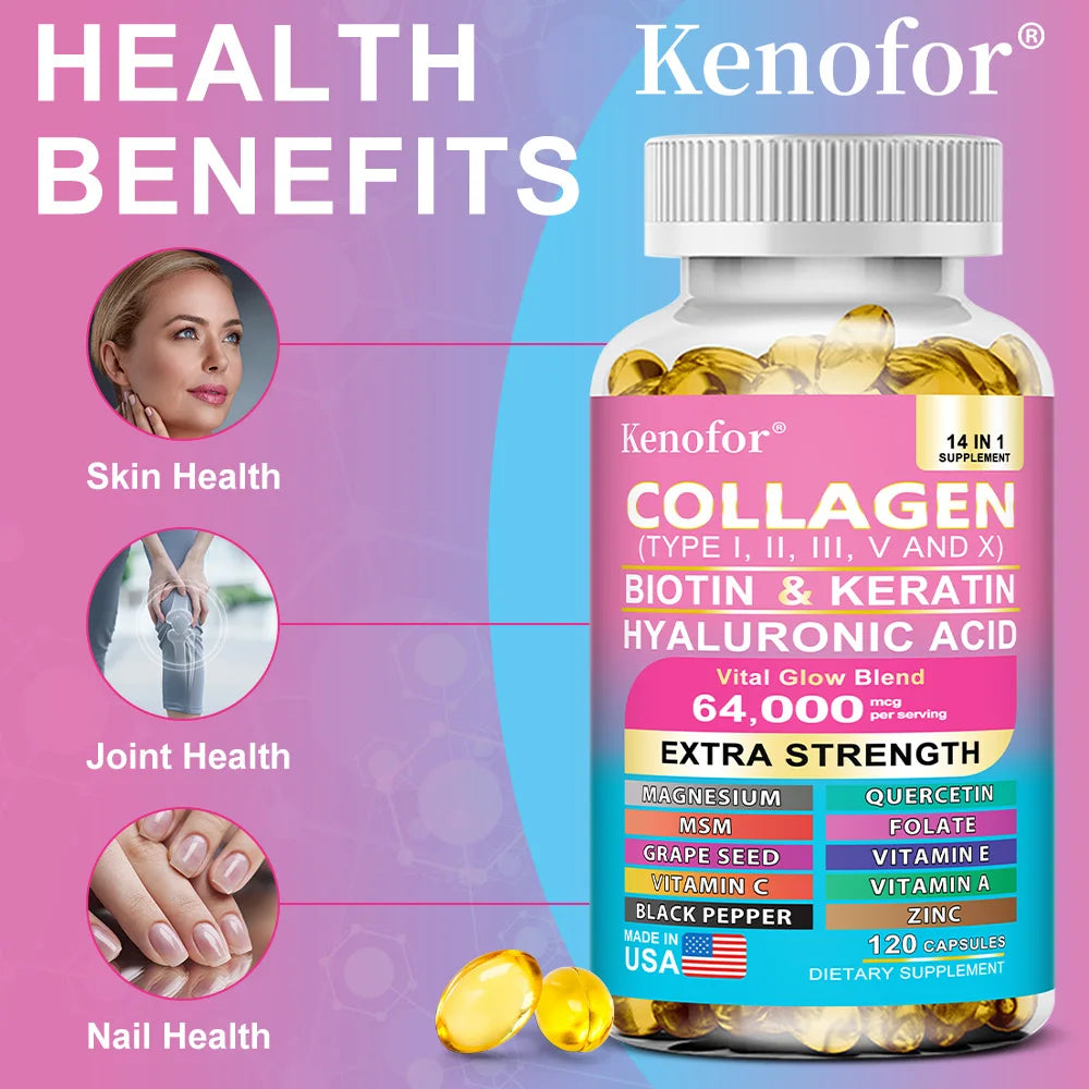 Multi Collagen Capsules - Types I, II, III, V & X Biotin Keratin Hyaluronic Acid MSM Zinc Magnesium,Hair Skin and Nails Vitamins Oasis Select