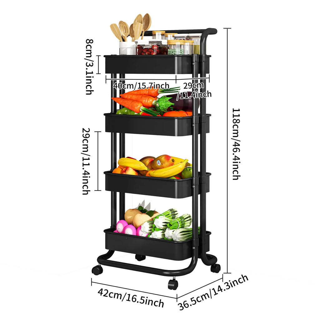 Kitchen Shelf Household Cart Multi-layer Movable Storage Rack Floor to Floor Bedroom Mobile Snack Storage Rack Oasis Select Black 4 layers