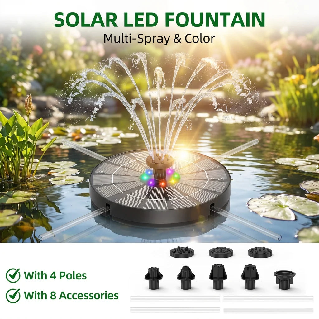 3.5W LED Solar Water Fountain Bird Bath Pump with 1200mAh Battery, 8 Nozzles and 4 Crash Bars, DIY Bird Bath Garden Aquarium etc Oasis Select