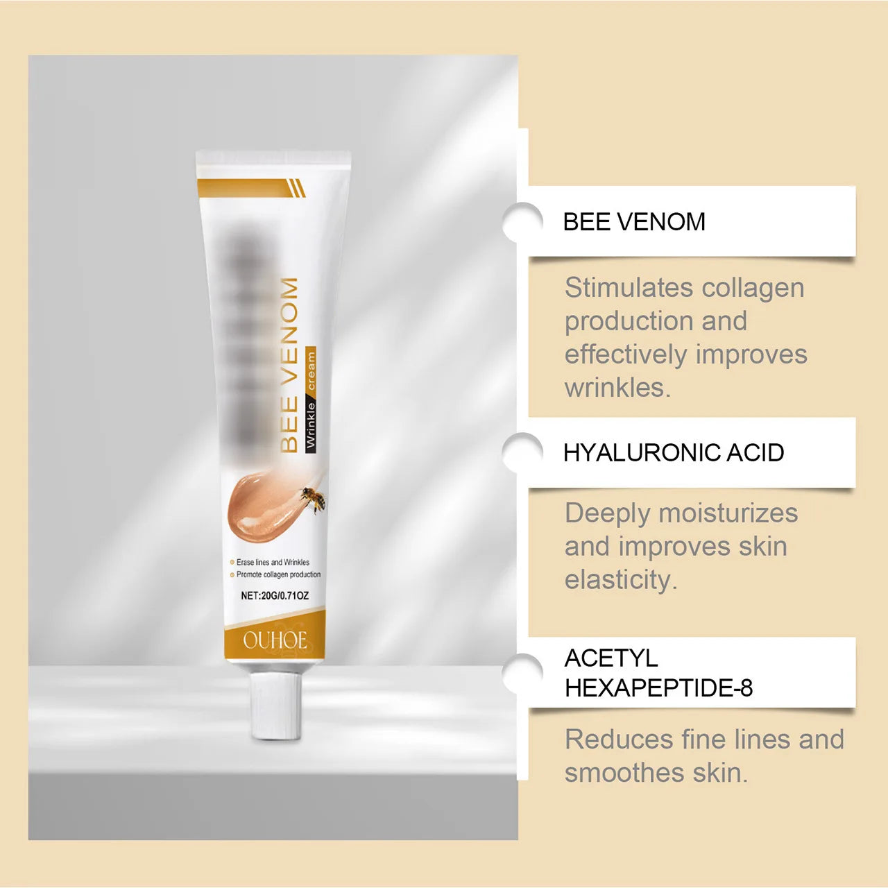 Wrinkle Removal Cream Firming Facial Lifting Moisturizing Deep Hydration Smoothing Fine Lines Repair Skin Bee Venom Cream 20g Oasis Select