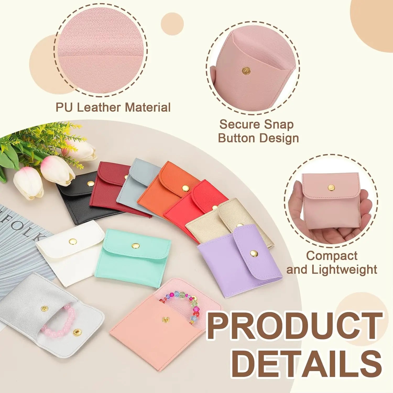 6/12PCS Small Jewelry Pouch PU Leather Square Snap Button Travel Bracelet Packaging Earrings Rings Necklaces Compact Organizer Oasis Select