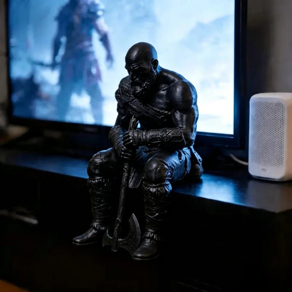 Nordic Warrior Sitting Figurine 3D Printed Muscular Bearded Statue Melancholic Style Sculpture Gothic Art Decor for Home Desktop Oasis Select black
