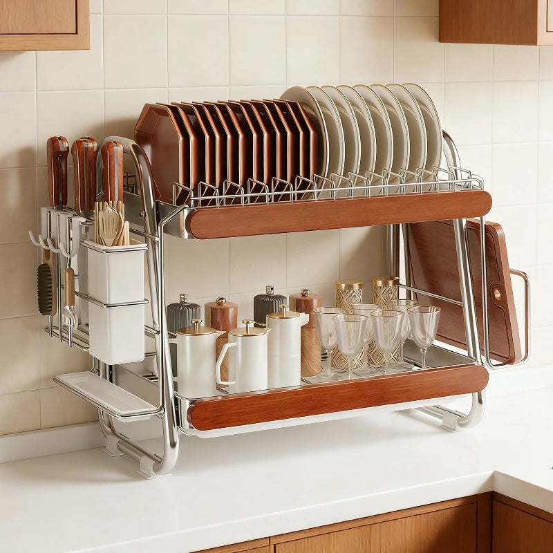 Medieval Stainless Steel Dish Storage Rack Dish Knife Chopsticks Drain Rack Oak Baffle Drying Rack Kitchen Shelf Oasis Select